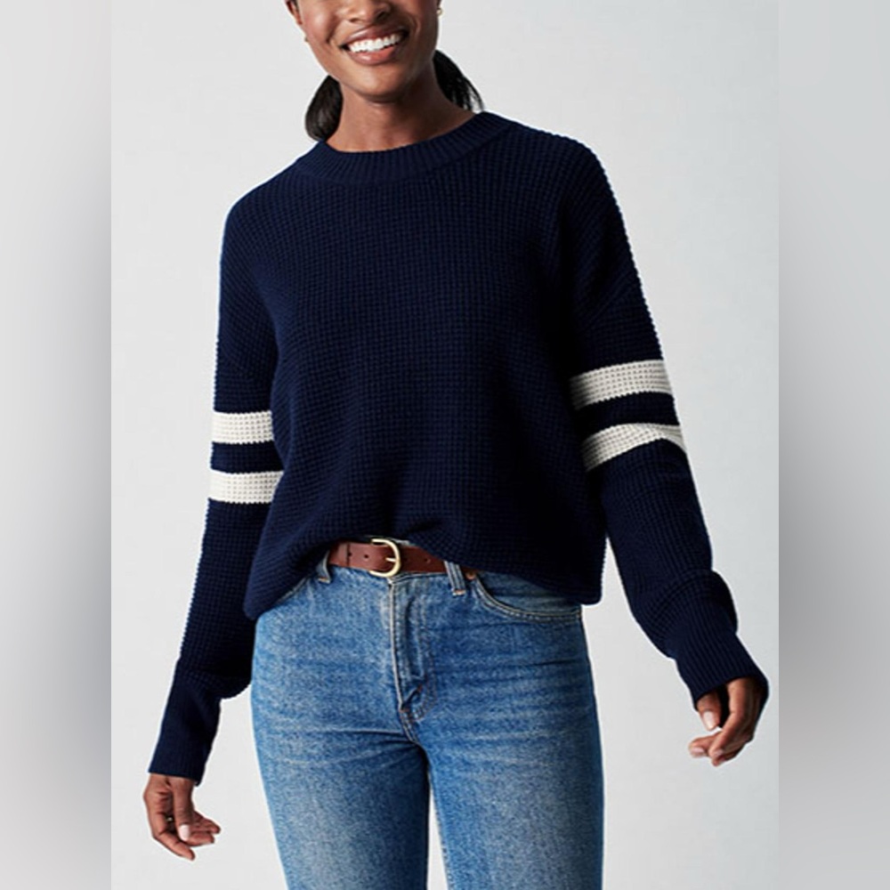 Faherty Womens Mikki Waffle Knit Varsity Stripe Sweater Navy Blue XS‎ NEW